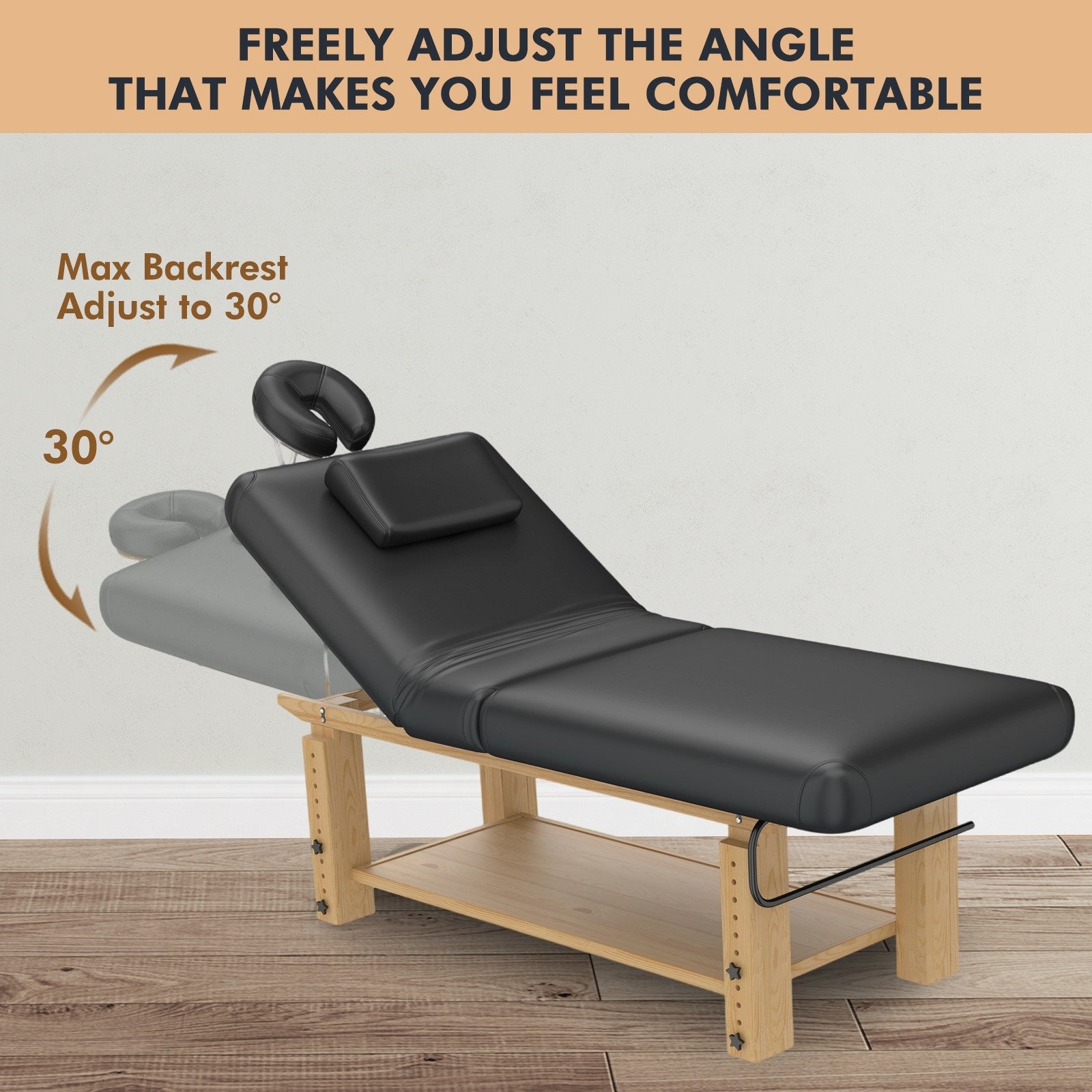 #2087 Heavy Duty Massage Table, Wooden Stationary Spa Bed with Adjustable Height & Backrest
