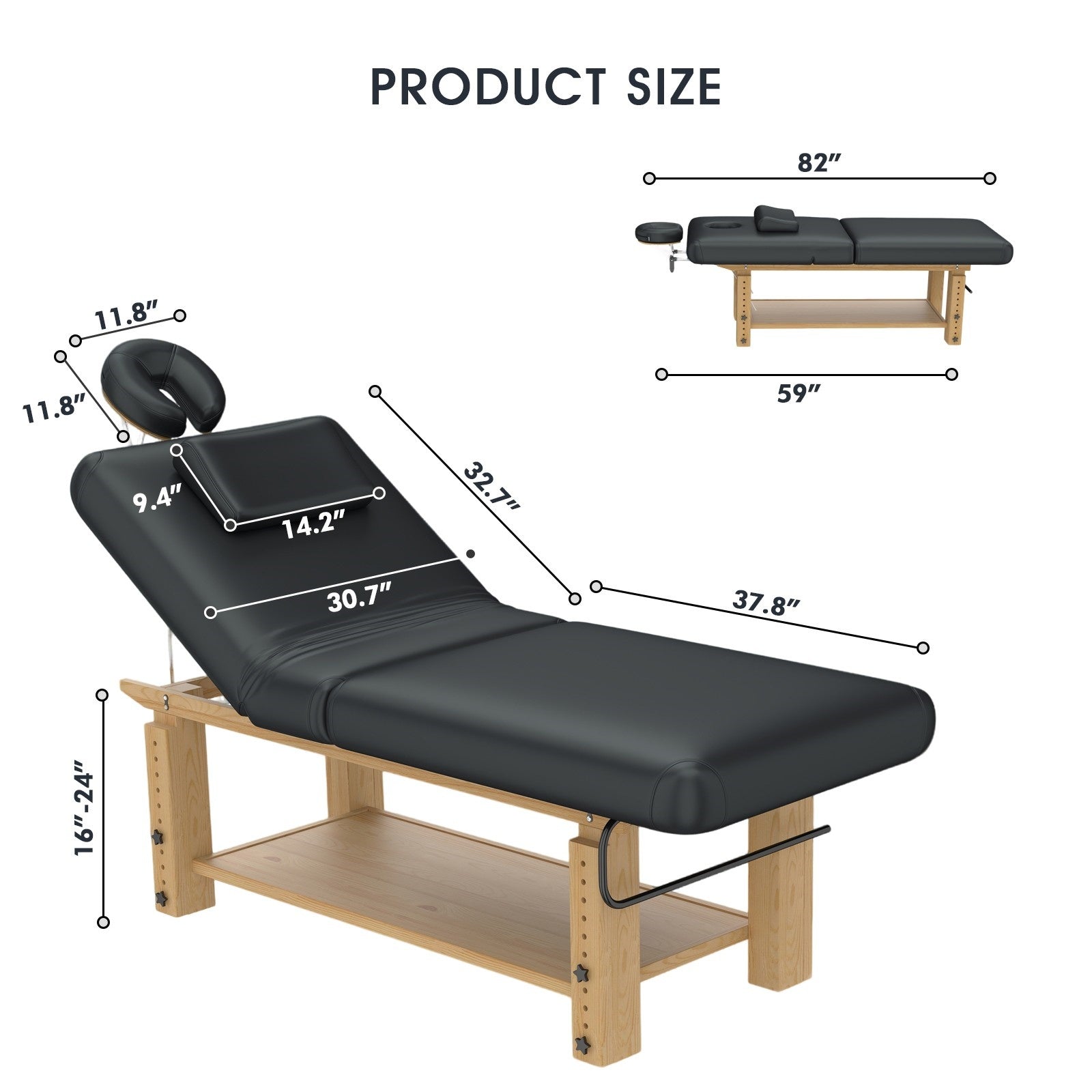#2087 Heavy Duty Massage Table, Wooden Stationary Spa Bed with Adjustable Height & Backrest
