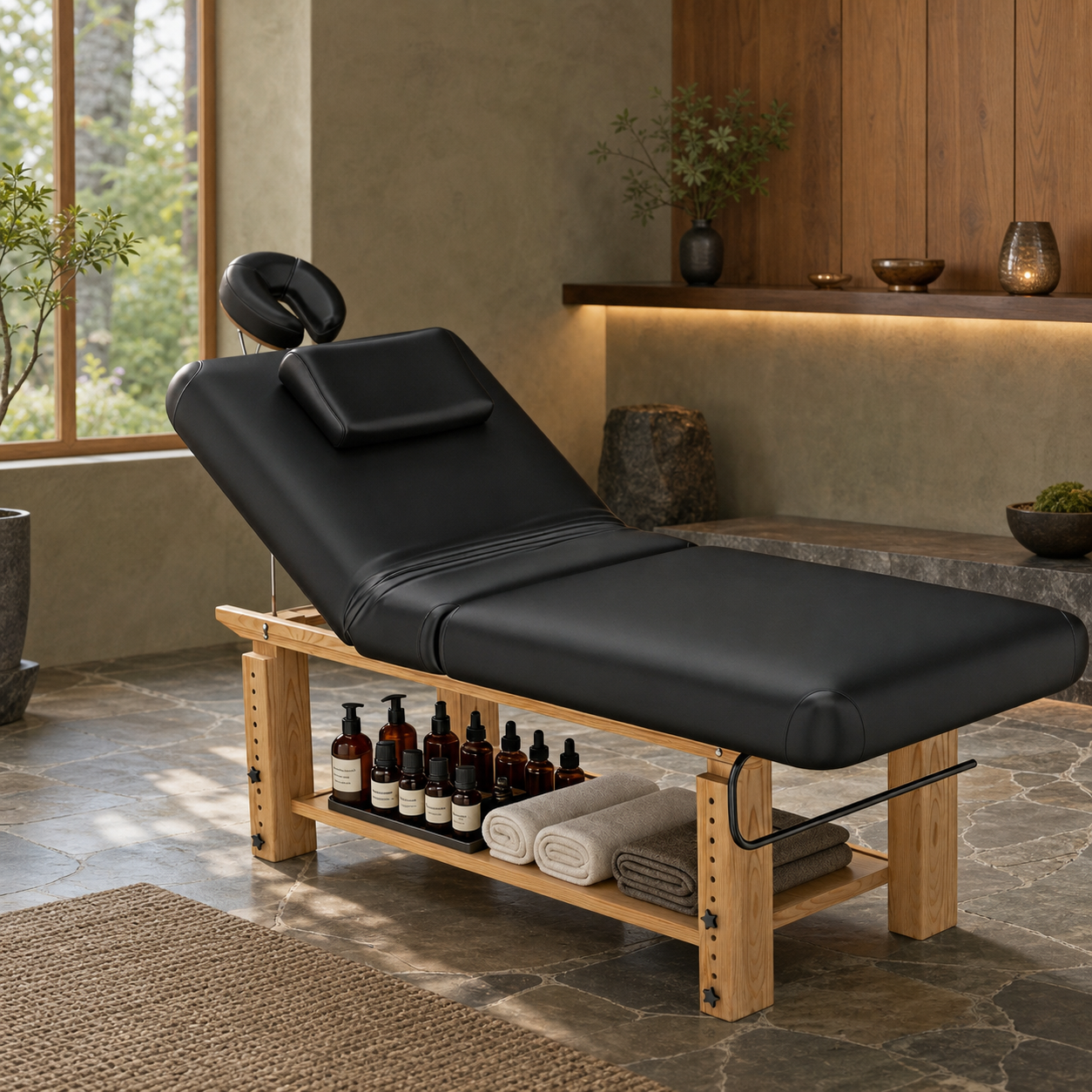 #2087 Heavy Duty Massage Table, Wooden Stationary Spa Bed with Adjustable Height & Backrest