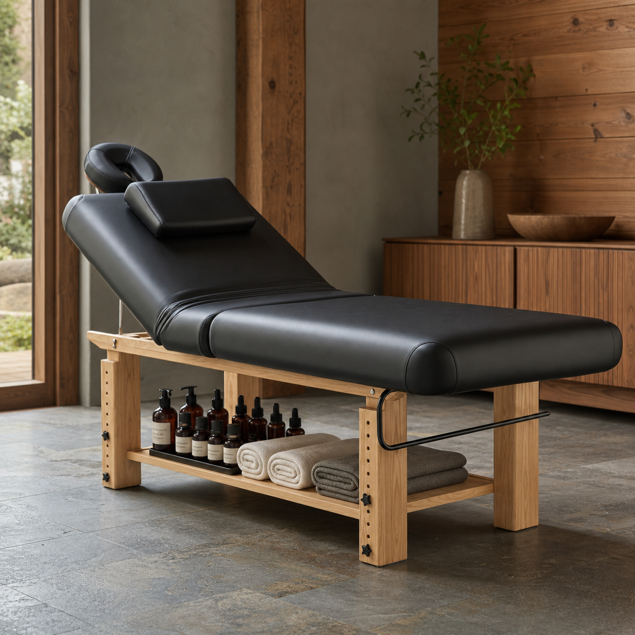 #2087 Heavy Duty Massage Table, Wooden Stationary Spa Bed with Adjustable Height & Backrest