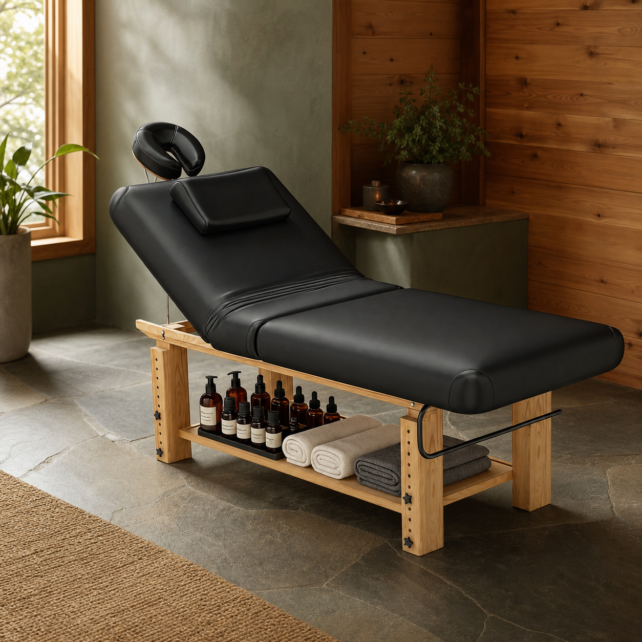 #2087 Heavy Duty Massage Table, Wooden Stationary Spa Bed with Adjustable Height & Backrest